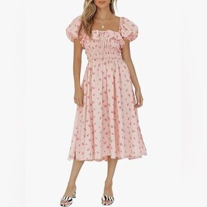 Pink Floral Puff Sleeve Midi Dress